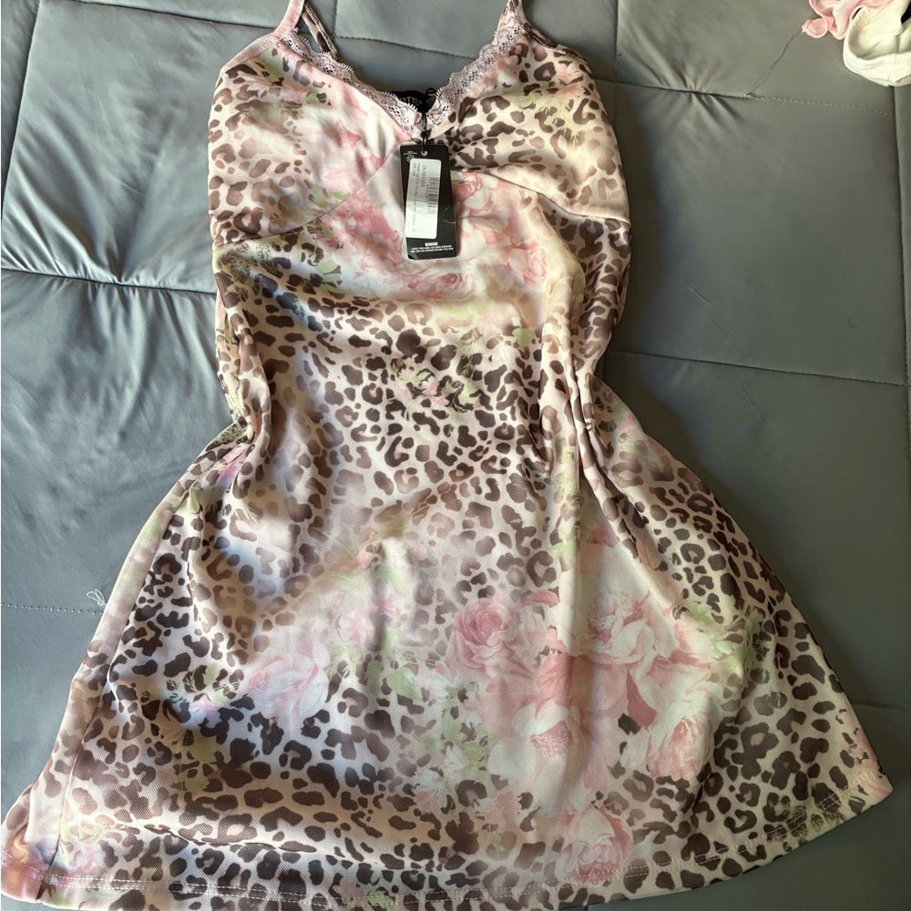 PrettyLittleThing Pink and Brown Lace Slip Dress